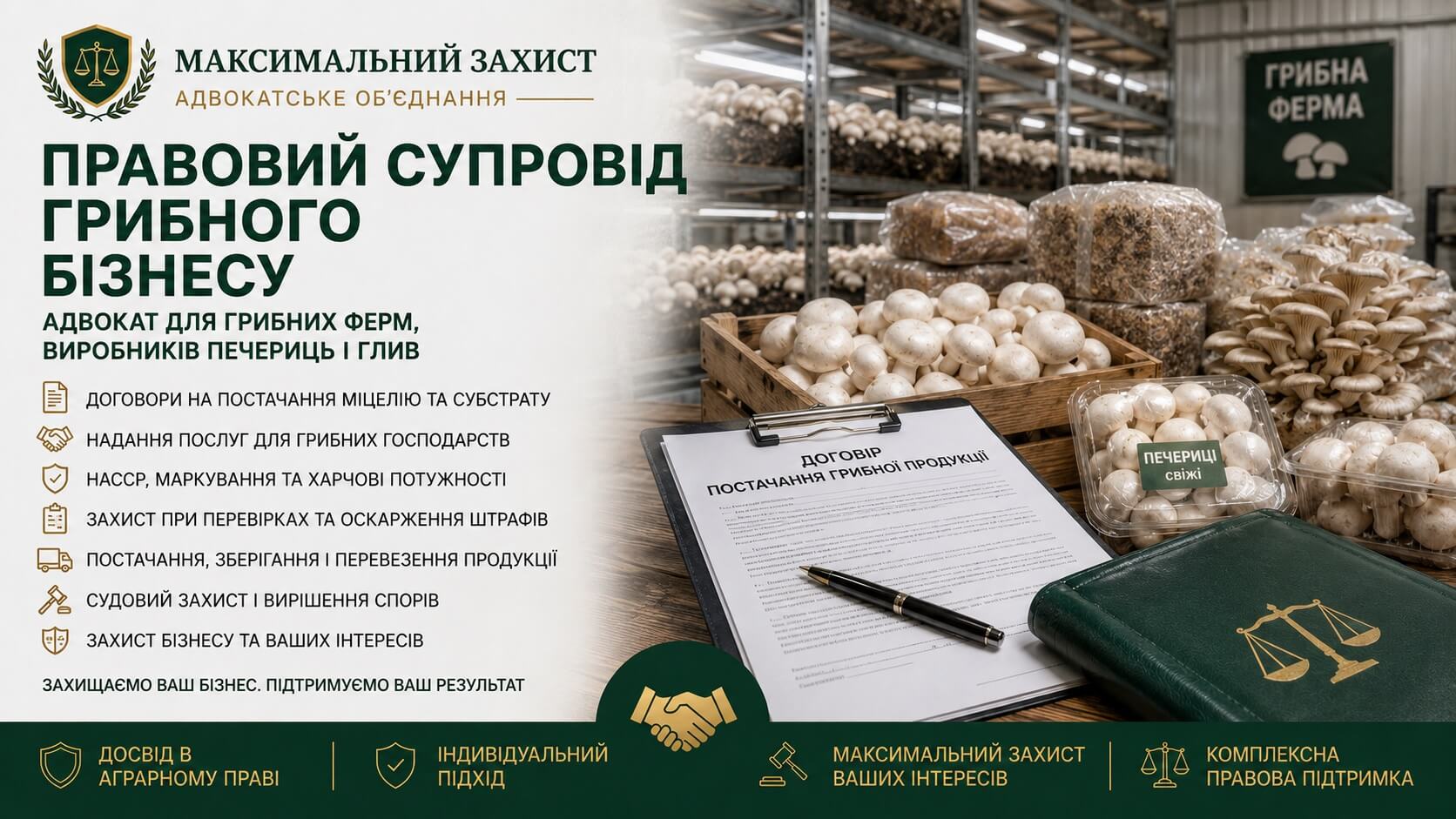 Адвокат консультує власника грибної ферми – правовий супровід грибного бізнесу
