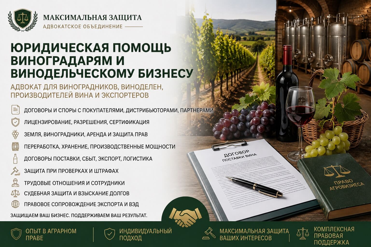 Адвокат консультирует представителей винодельческого бизнеса – правовое сопровождение виноградарства и виноделия