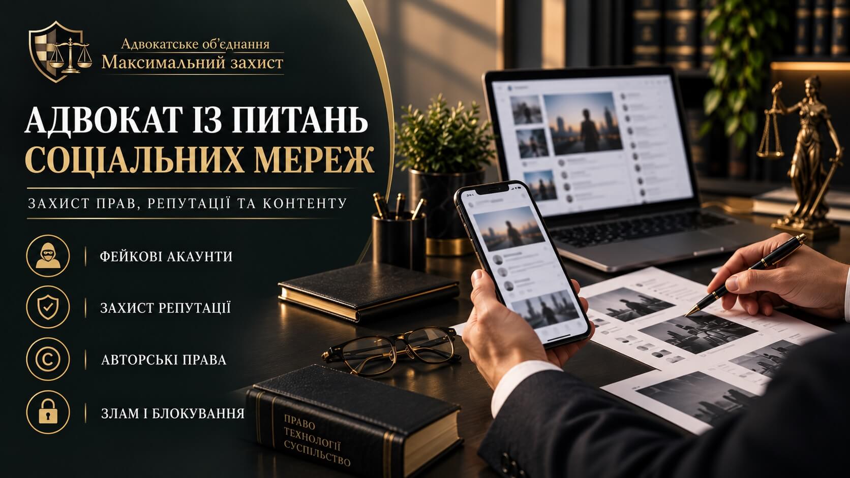 Смартфон із відкритою соціальною мережею поруч із матеріалами для юридичного аналізу – адвокат із питань соціальних мереж