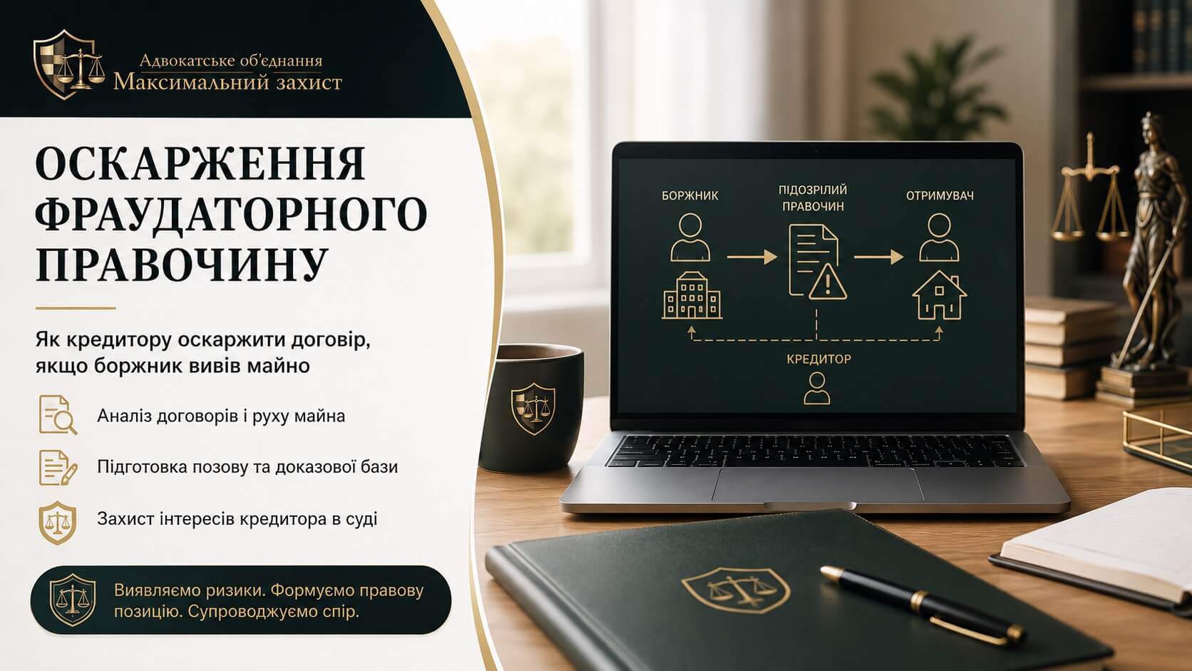Папка з документами та схема руху активів на робочому столі – оскарження фраудаторного правочину