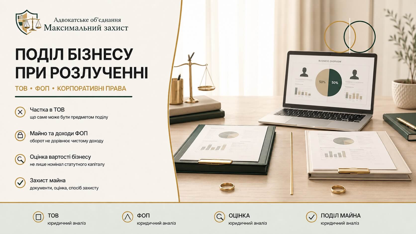 Робочий стіл із фінансовими матеріалами та ноутбуком – поділ бізнесу при розлученні