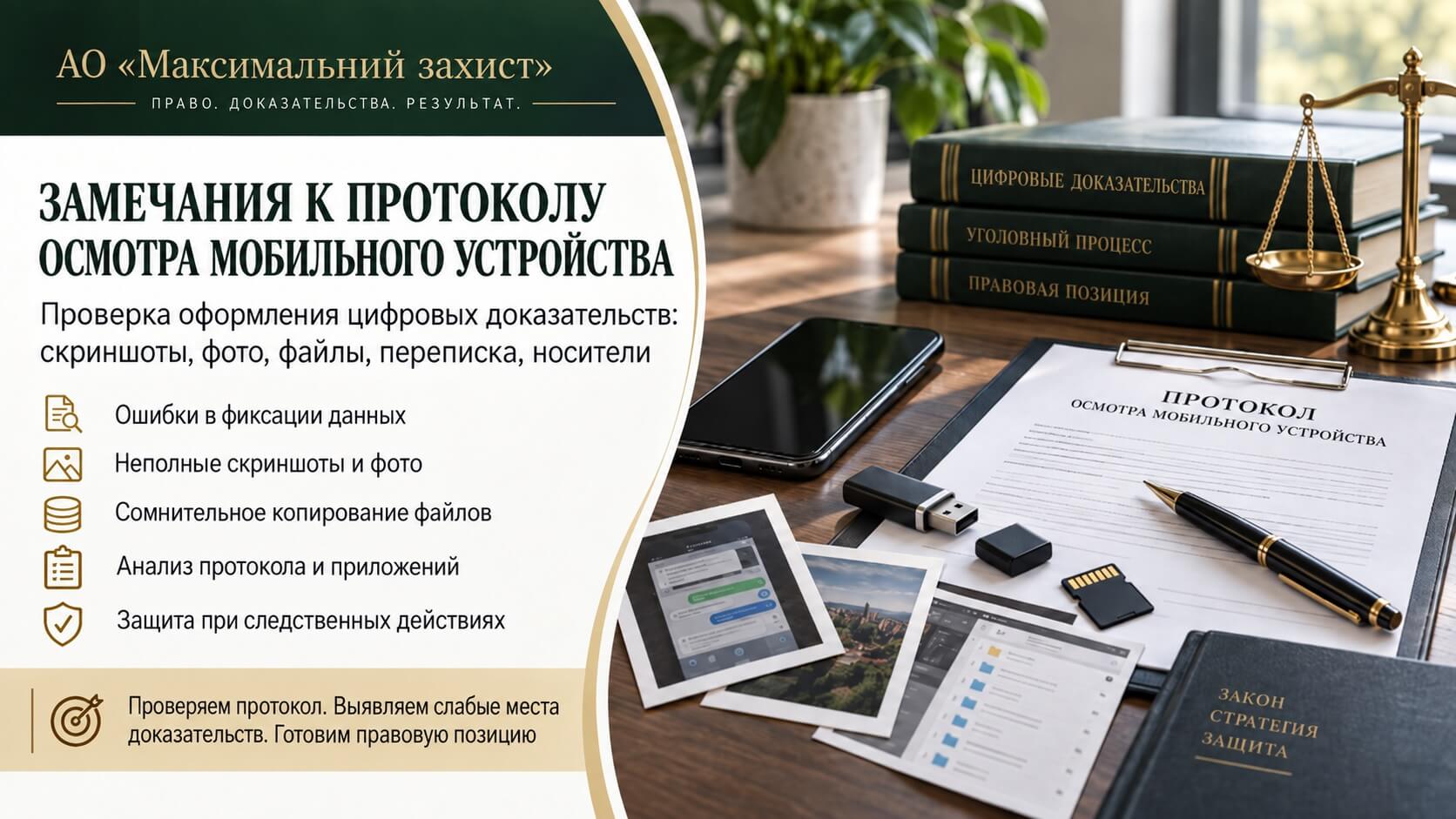 Смартфон и цифровой носитель на рабочем столе — проверка протокола осмотра мобильного телефона